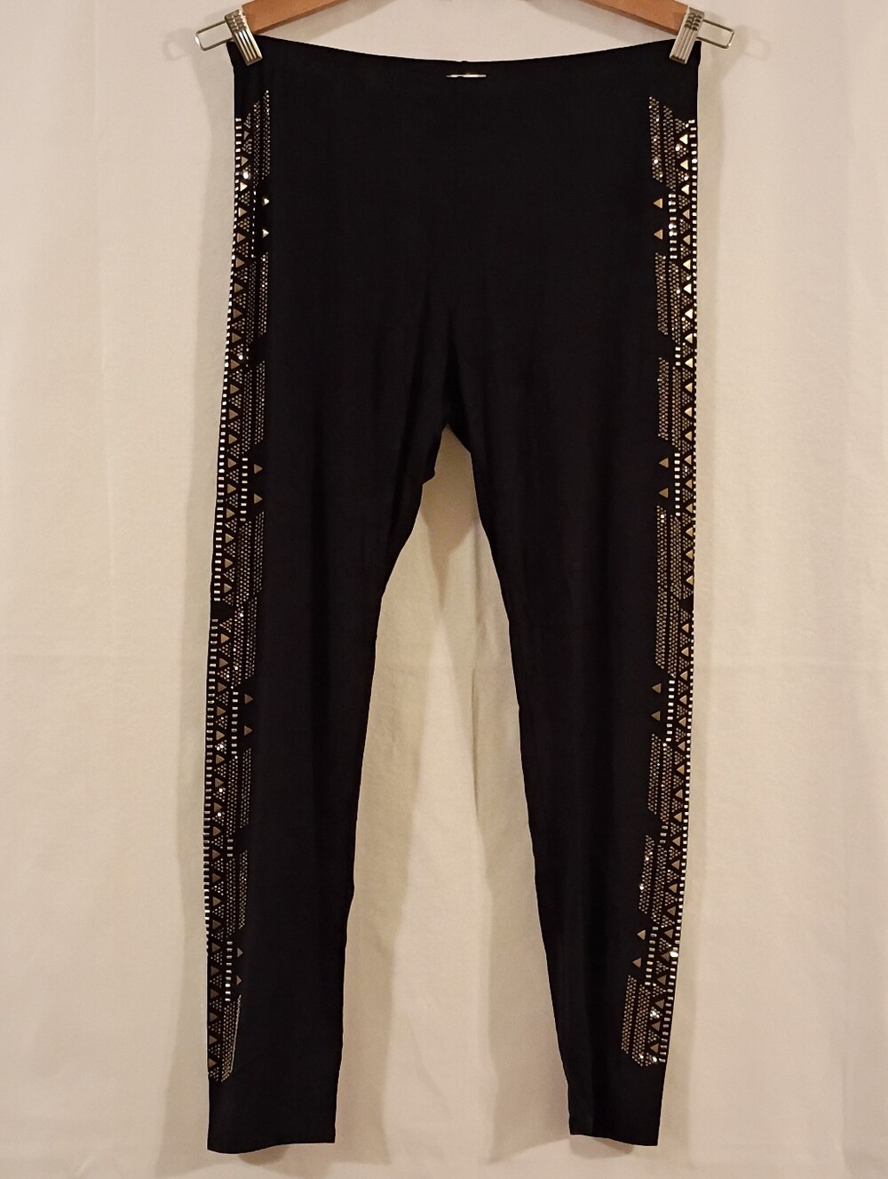 Vocal Black Leggings with Rhinestones, Metallic, & Silver Geometric Side Accents